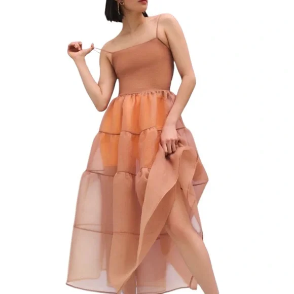 Anthropologie OhSevenDays Sheer Beige Tiered Midi Dress reversible Lucille Dress - Picture 7 of 10